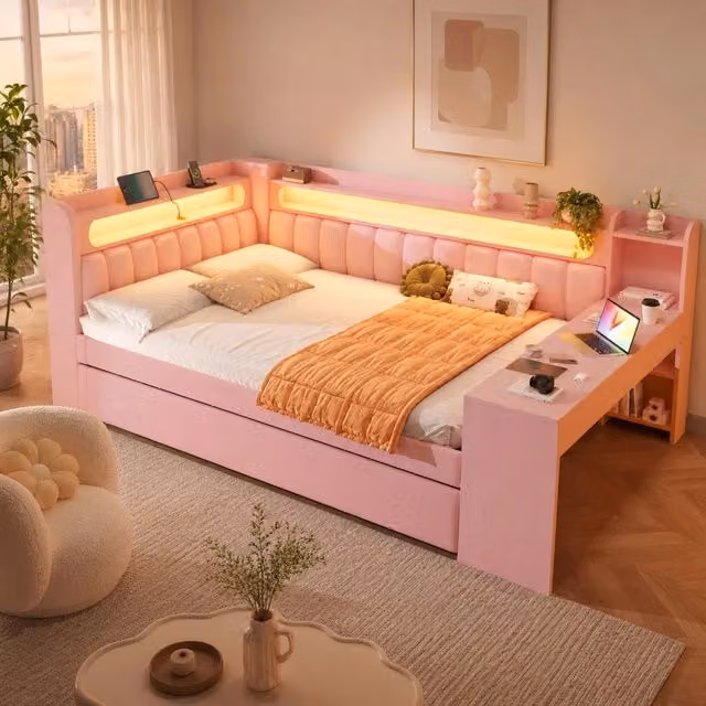 Letto Giorno Imbottito Rosa 140x200 con Letto Estraibile 90x190, USB, LED Multicolore e Scrivania Integrata