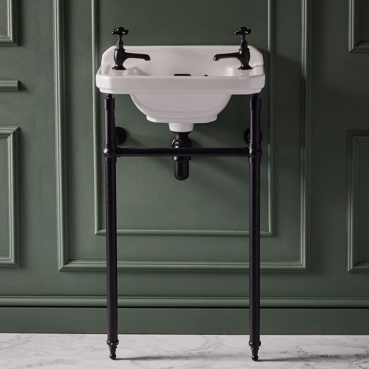 Consolle con Lavabo e Struttura Tradizionale 515mm Nera - 2 Fori per Rubinetteria - Richmond