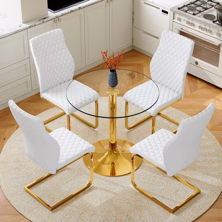 Set tavolo e sedie, tavolo in vetro diametro 85 cm, gambe in metallo, 4 sedie da pranzo (trasparente, bianco e oro)