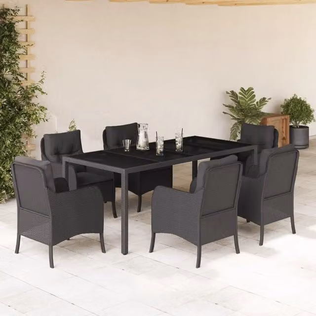 Set da pranzo da giardino moderno vidaXL in polyrattan nero con cuscini e tavolo in vetro, 7 pezzi