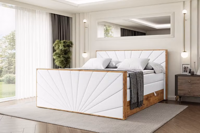 Letto boxspring ALTDECOR con materasso e rete a doghe, coprimaterasso, pediera, letto imbottito con contenitore, letto con spazio contenitivo, materassi H3 e H4, letto matrimoniale -LOLLI6-Z KING-160x200 - Ecopelle bianca