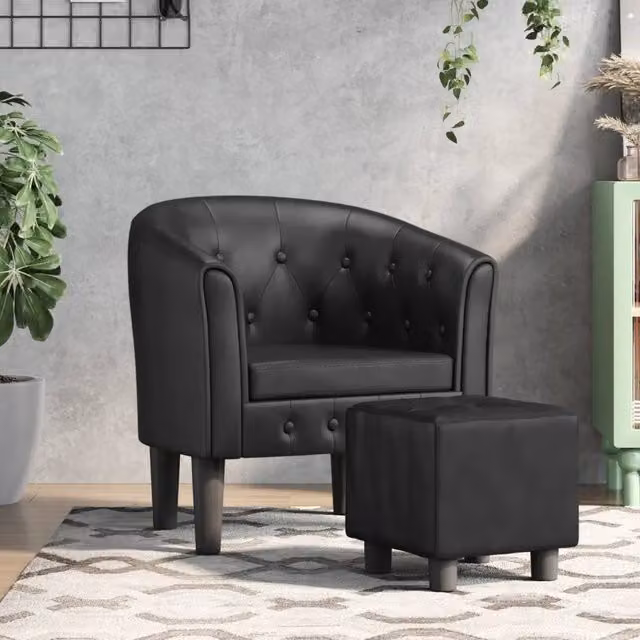 Divano Sedia-Poltrona Cabriolet con Poggiapiedi in Similpelle Nera e Struttura in Legno e Plastica
