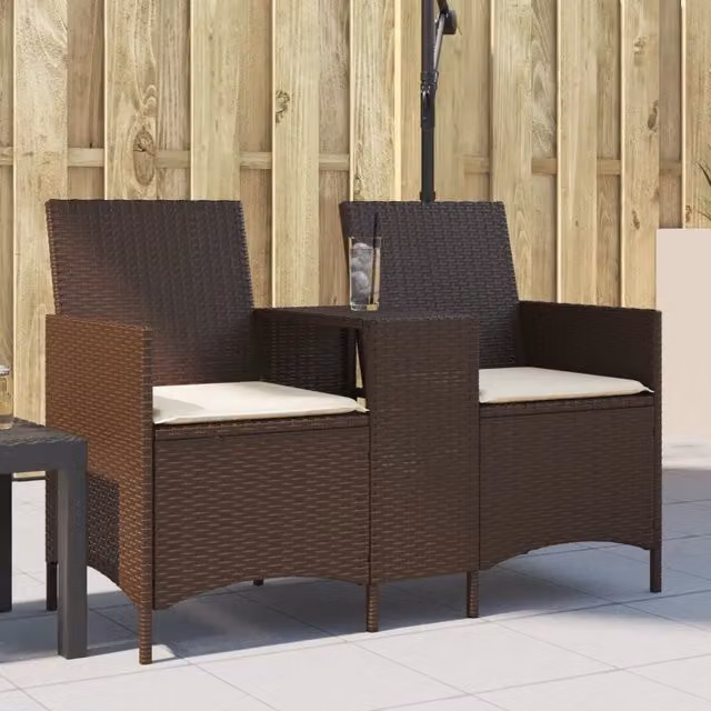 Set da giardino vidaXL composto da divano a 2 posti con cuscini e tavolo in polyrattan marrone e bianco con struttura in metallo