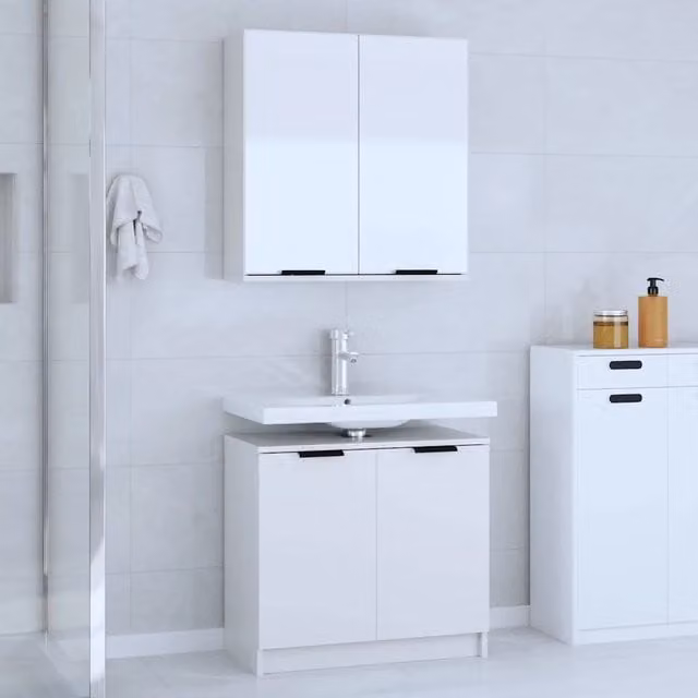 Set di mobili da bagno moderno vidaXL composto da mobile lavabo e armadietto con specchio in legno bianco opaco L/P/H: 64,5 x 33,5 x 59,0 cm