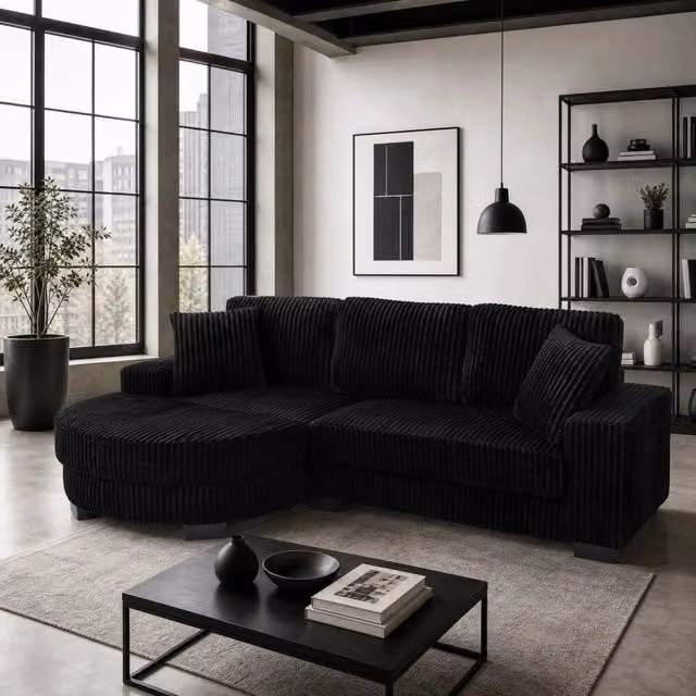 Divano angolare a L modulare con pouf ovale; 256;5 x 133;5 x 89 cm; velluto a coste; nero