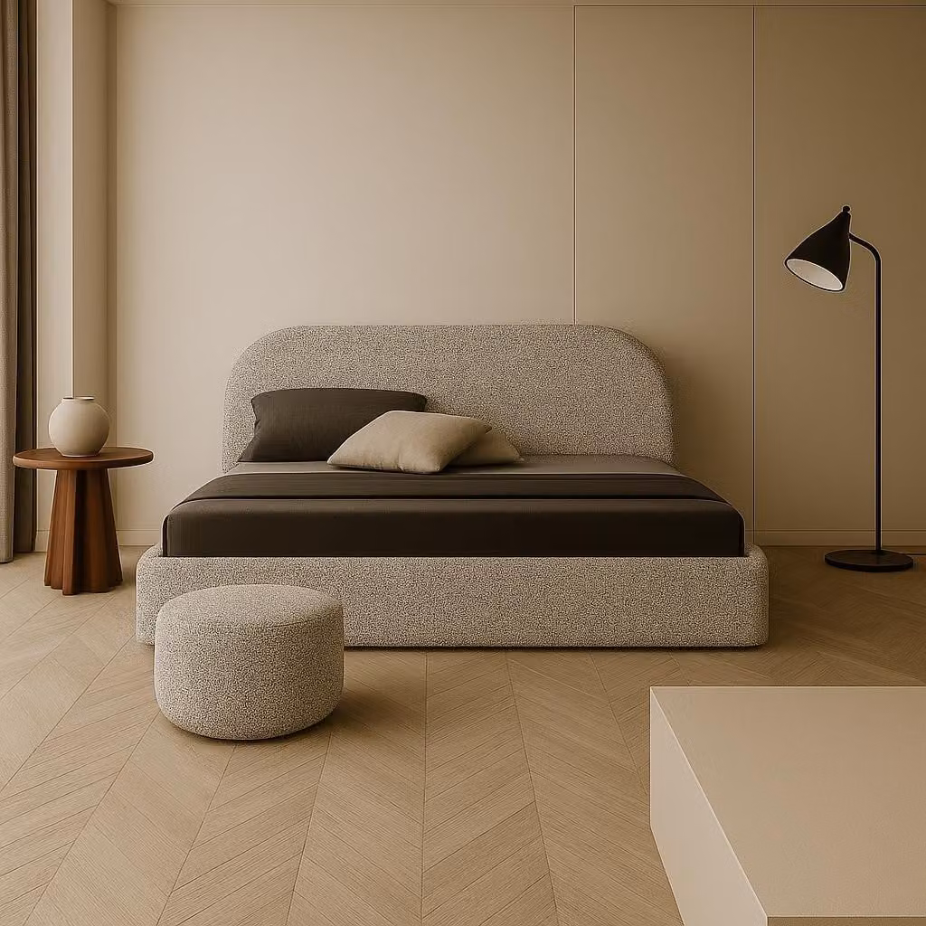 Letto imbottito moderno Sofello, modello MOON, dimensioni 90–120 × 200 cm, rivestito in tessuto melange, rete metallica inclusa, dimensioni 140 × 200 cm, letto di alta qualità con spazio contenitore