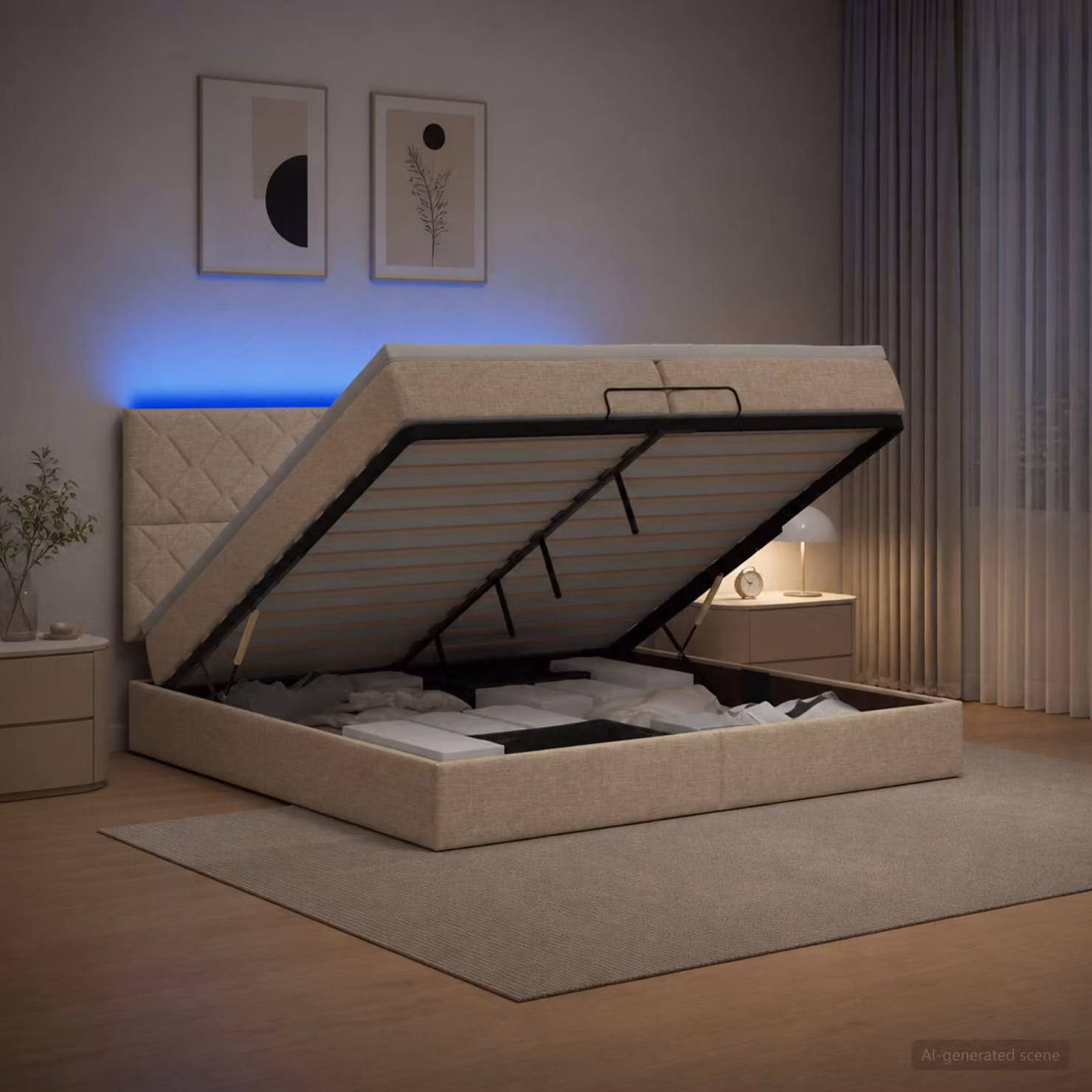 Letto Ottomano con Materasso e Illuminazione LED vidaXL, Colore Beige e Bianco, L/P/H: 200 x 200 x 88 cm