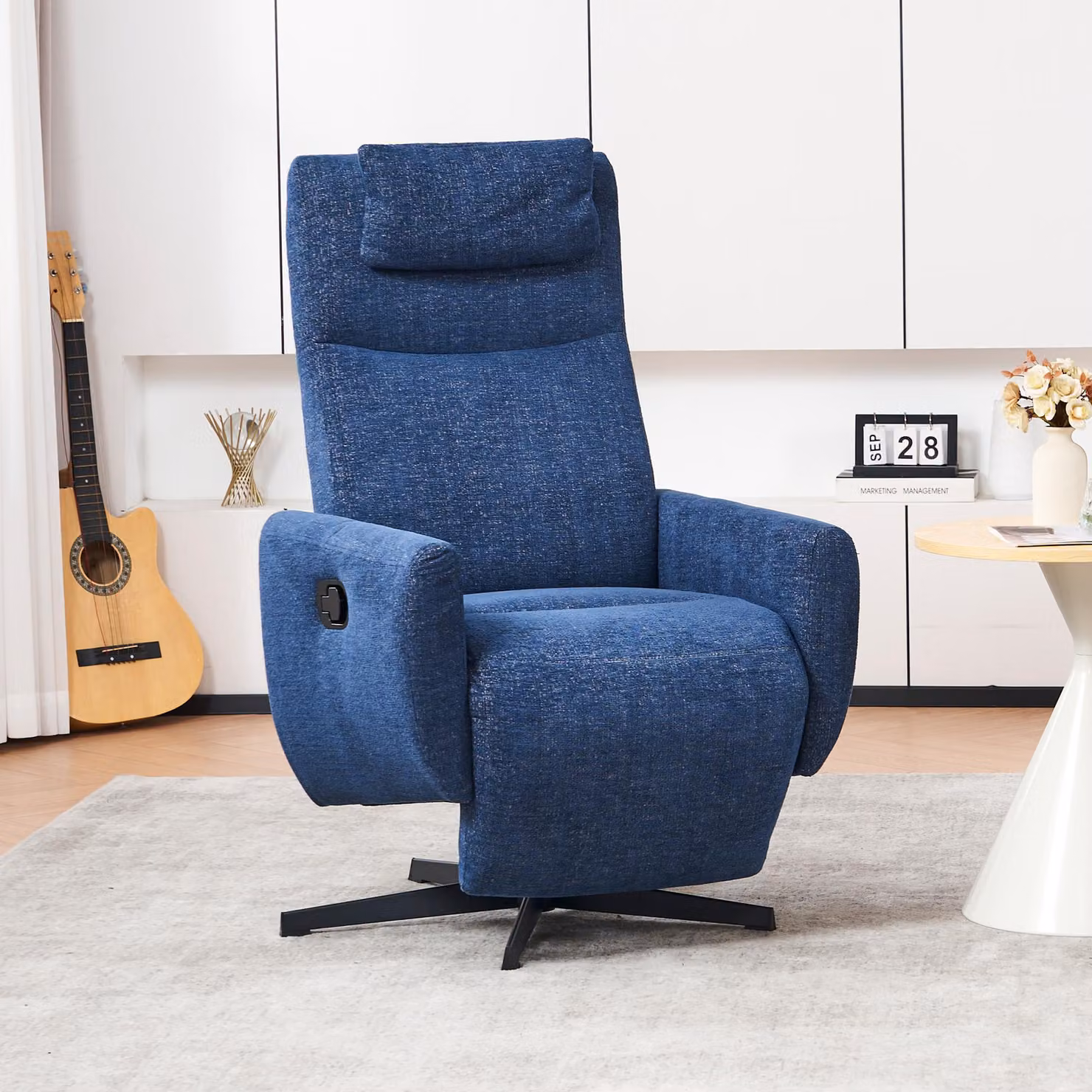 Sweiko 022 Confortevole poltrona reclinabile con funzione di reclinazione - poltrona TV in ciniglia con poggiapiedi, poltrona reclinabile girevole e poltrona lounge per soggiorno, divano moderno, blu