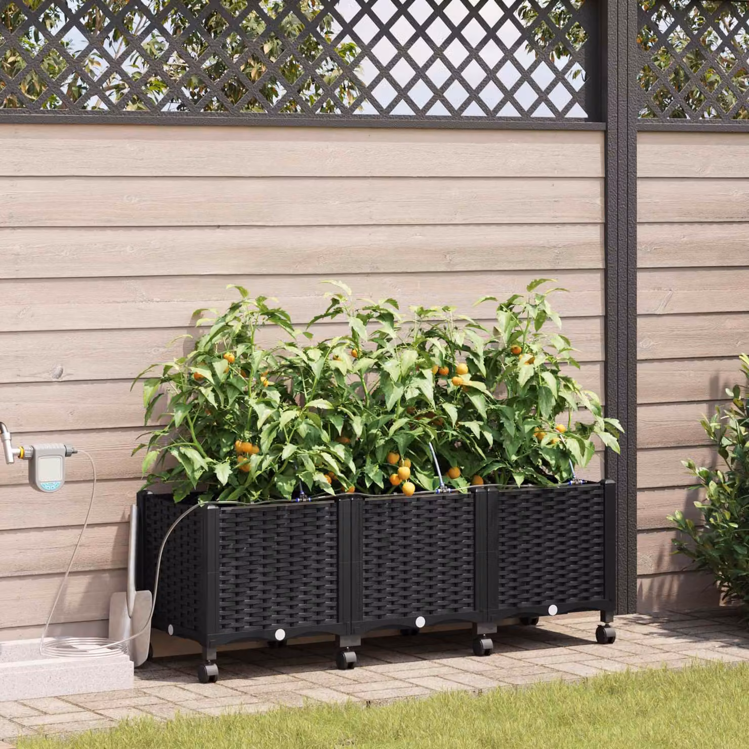 Set di 3 vasi da giardino con irrigazione e ruote vidaXL, colore nero, in plastica