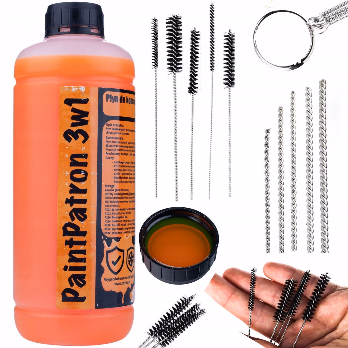 Rosfix Set di Manutenzione e Pulizia per Spruzzatori di Vernice – Liquido Detergente 3 in 1 da 1 l, 5 Spazzole Metalliche, 5 Pennelli