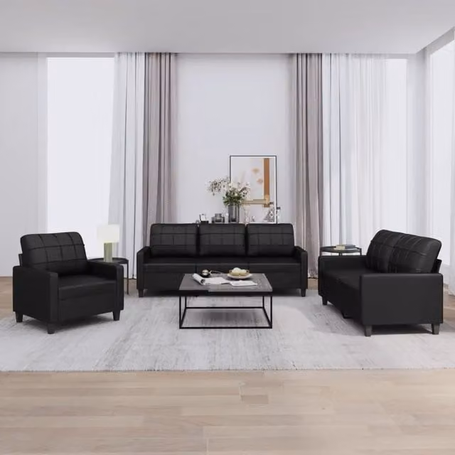 Set di divani moderno vidaXL in similpelle nera con cuscini per soggiorno – 1