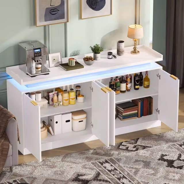 Credenza con LED RGB e 4 ante con ripiani e vani aperti per cucina sala da pranzo in MDF bianco 160 × 39 × 83 cm