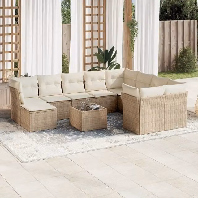 Set di Divani da Giardino VIDAXL a Forma di U in Polyrattan con Cuscini Beige, 11 Pezzi