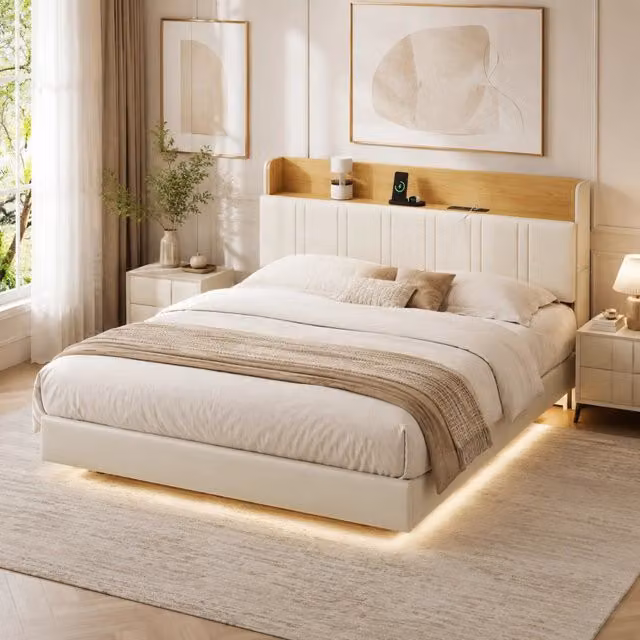 Letto matrimoniale 160x200 cm in pelle PU bianca, testiera con vano portaoggetti, stazione di ricarica, luci RGB a LED, struttura robusta portata 350kg