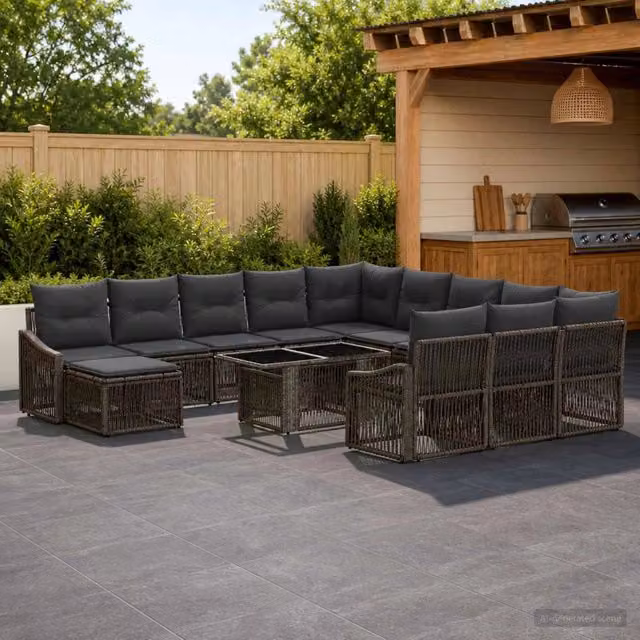 Set Divano da Giardino vidaXL in Polyrattan Grigio e Antracite con Tavolino e Ottoman, Design Moderno a Forma di U con Cuscini Inclusi