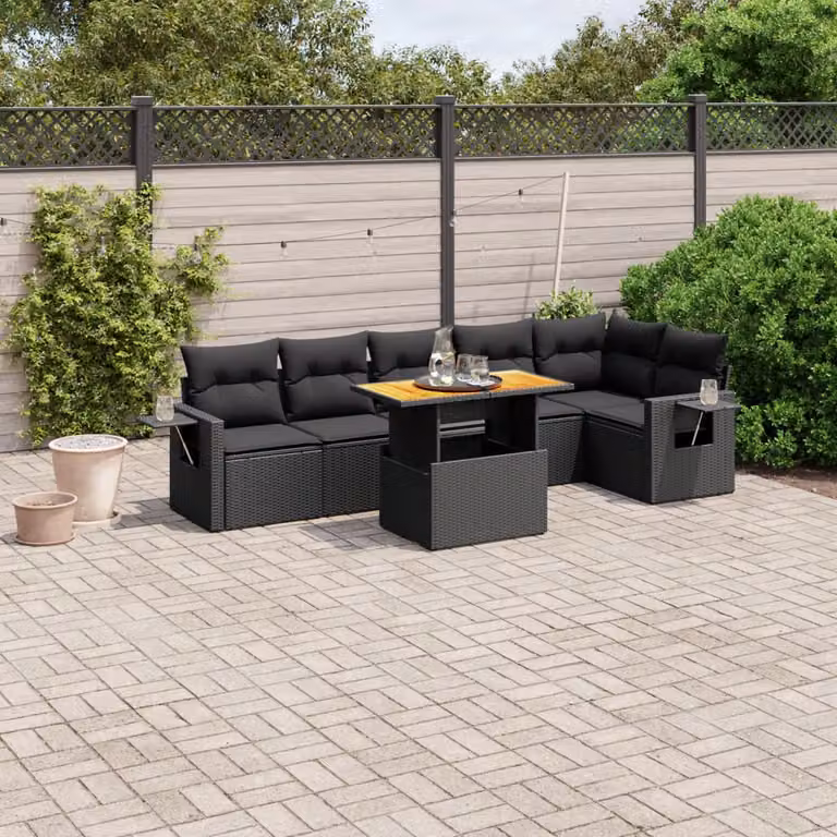 vidaXL Set Divani da Giardino a L con Cuscini 7pz in Polyrattan Nero