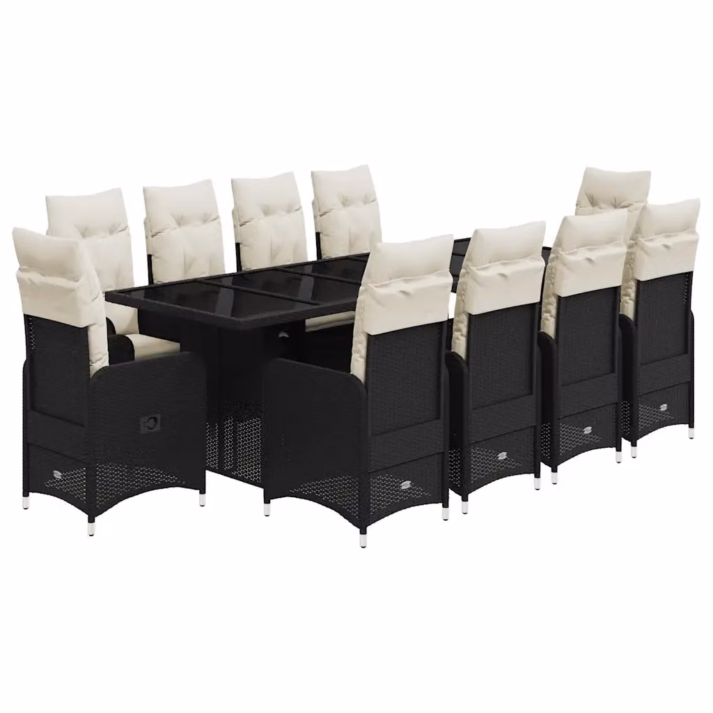 Set da Bistrò da Giardino vidaXL in Polyrattan Nero con Cuscini e Piano in Vetro, 11 Pezzi – 2