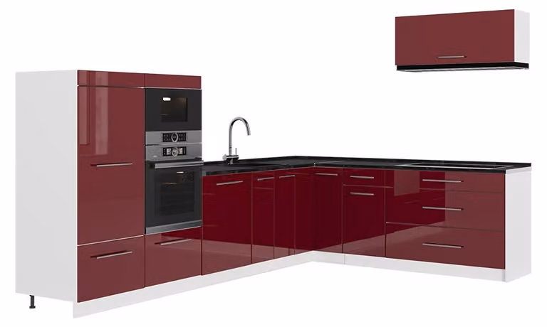 Cucina angolare completa Vicco Fame-Line Bordeaux lucido/Bianco 327 x 227 cm senza piano di lavoro, Model 64435