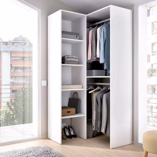 Guardaroba Arpagone, Struttura per cabina armadio angolare, Mobile appendiabiti aperto ad angolo, 79x88h186 cm, Bianco