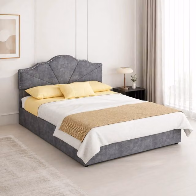 Letto imbottito Mivray con testiera geometrica in tessuto grigio L/P/H: 140 x 200 cm