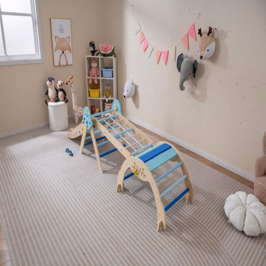 Set triangolo palestra indoor pieghevole Design Mania con scivolo ad arco in legno, Blu – 2