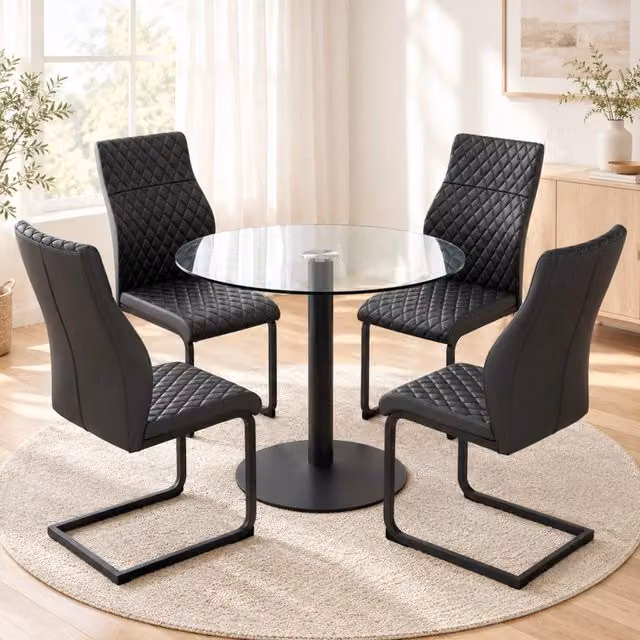 Set da pranzo con tavolo rotondo in vetro temperato 85 cm e 4 sedie nere in PU con schienale alto trapuntato