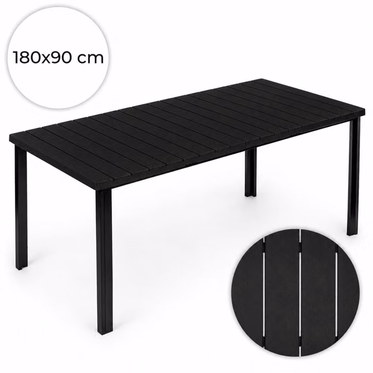Grande tavolo da giardino per 8 persone, 180×90 cm, in HDPE nero