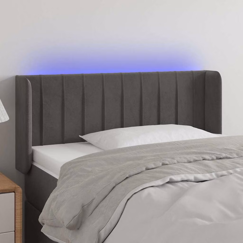 Testiera per letto vidaXL in velluto grigio con illuminazione LED e porta di ricarica USB, L 103 cm, P 16 cm, H 78-88 cm