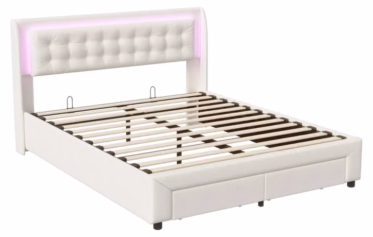 Letto matrimoniale imbottito - Struttura del letto 140 x 190 cm - Spazio contenitivo - Meccanismo di sollevamento idraulico - 2 cassetti - Rivestimento in velluto - Colore beige