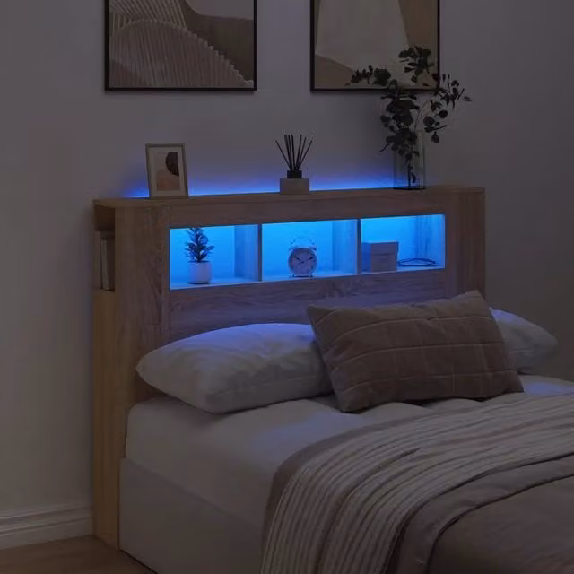 Testiera con LED vidaXL in legno Rovere Sonoma marrone con mensola integrata e porta USB, L 140 x P 18,5 x H 103,5 cm – 1