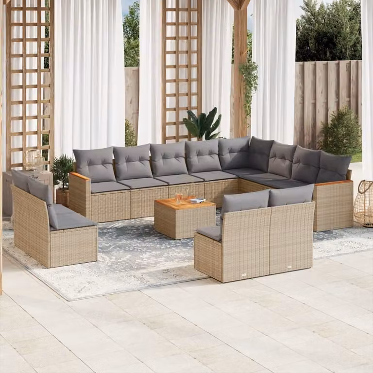 Set Divano da Giardino vidaXL 13 pz in Polyrattan con Cuscini Beige e Tavolino da Caffè