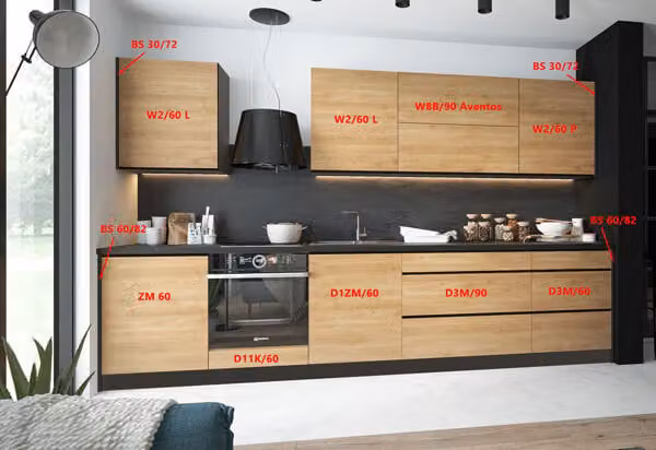 Mobile cucina TREVISO con piano di lavoro 335cm lava Pembroke nero opaco estensione parziale