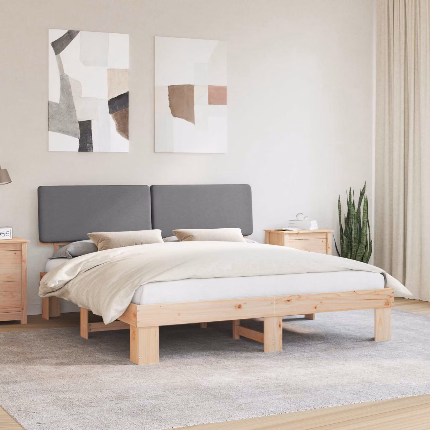 Letto moderno vidaXL con testiera rivestita in tessuto e struttura in legno di pino, Grigio, 180 x 200 cm – 1