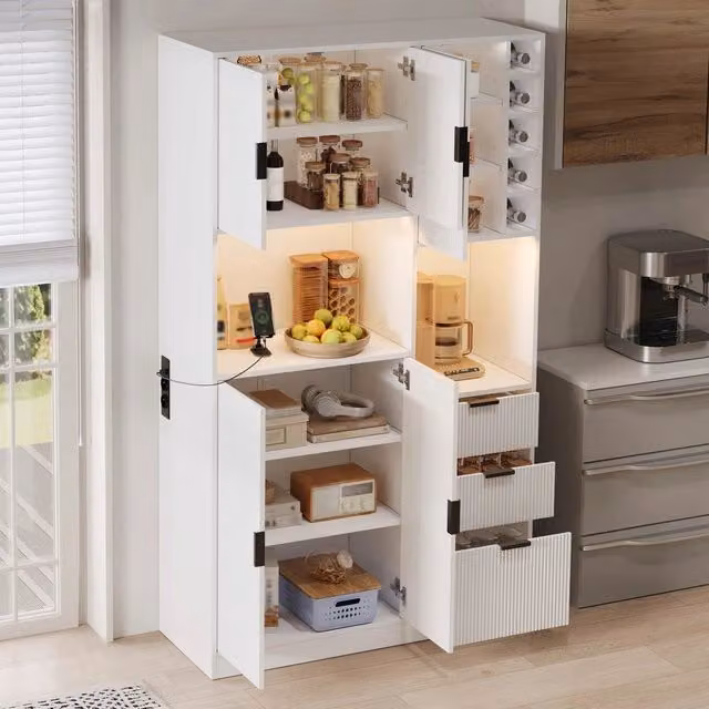Mobile cucina dispensa vino ¨C Minimal ¨C Legno effetto rovere con 3 cassetti, luci LED, 180x105x40 cm
