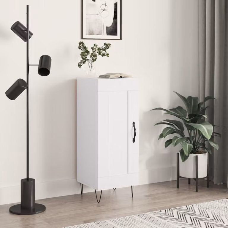 Credenza moderna vidaXL in legno multistrato e metallo, Bianco lucido, L 34,5 cm x P 34 cm x H 90 cm
