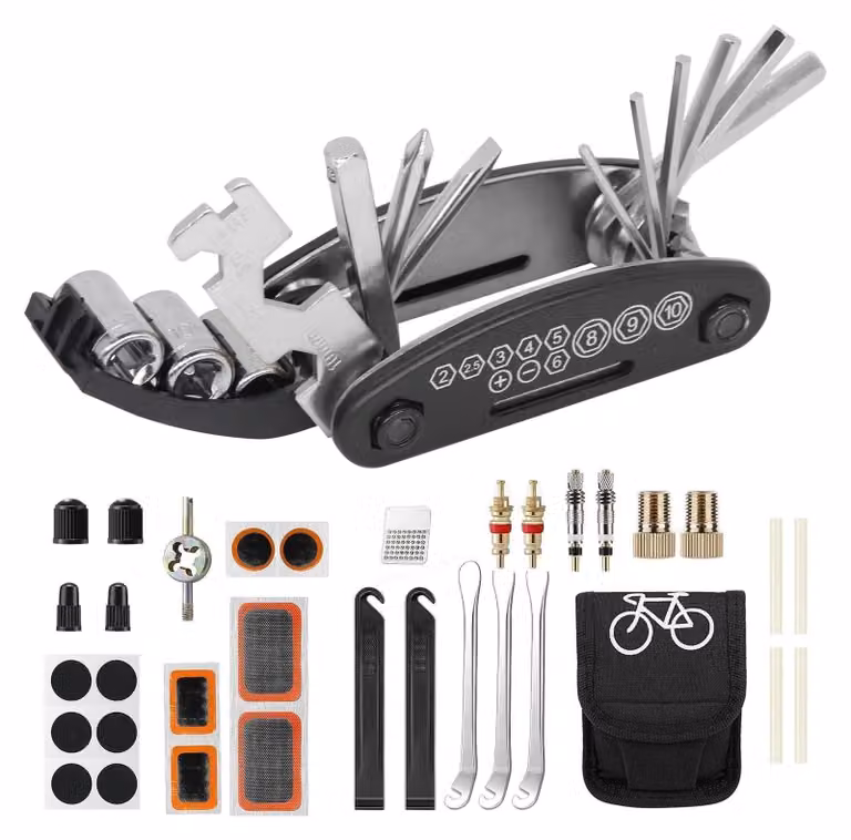 Kit di riparazione per biciclette - Multitool 16-in-1 con kit di riparazione per pneumatici e accessori