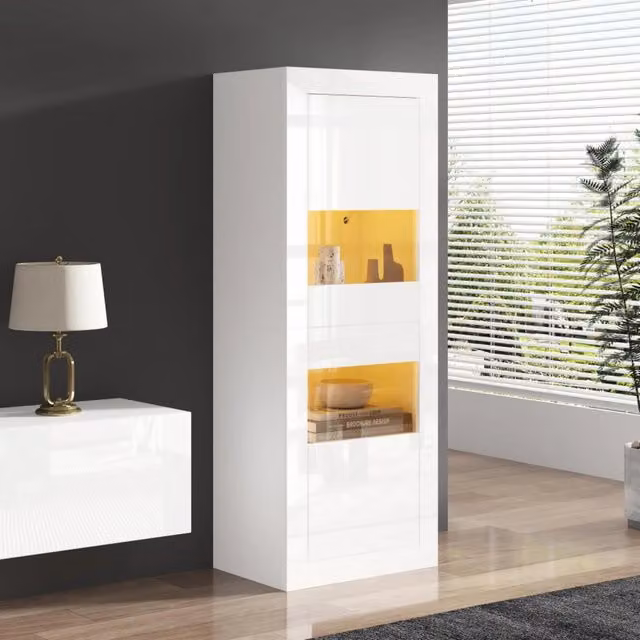 Vetrina, vetrina in vetro, illuminazione a LED, 1 ripiano in vetro, 61x42x162 cm, mobile alto, mobile contenitore