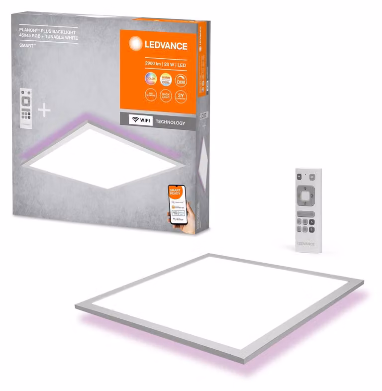 LEDVANCE LED WiFi plafoniera bianca, 28 W 2000LM, 3000-6500K, 45x45 cm, applique dimmerabile, tecnologia RGB, Smart+ Planon, controllabile tramite app o assistenti vocali come Alexa o Google,