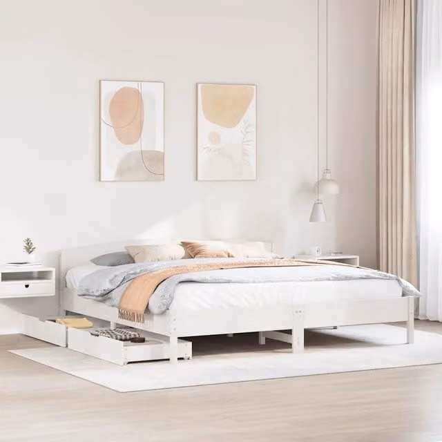 Giroletto senza Materasso-Struttura Letto Bianco 200x200 cm Legno Massello Pino 148323