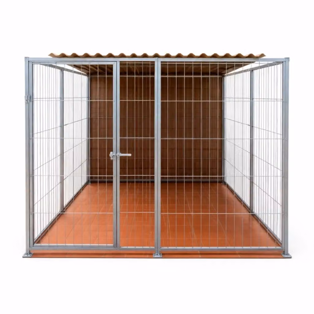 Box per cani SIDERBOX con retro in legno e struttura in metallo zincato, resistente alle intemperie, colore argento e nero, L: 400 cm, P: 200 cm, H: 180 cm – 2
