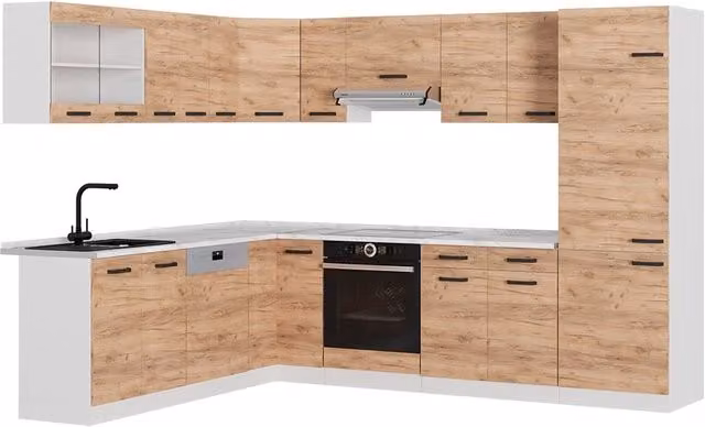 Cucina angolare moderna Vicco R-Line in rovere e bianco con piano in marmo L 287 cm x P 227 cm