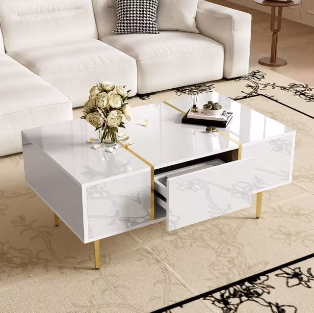 Tavolino da caffè moderno MODFU bianco lucido con dettagli oro in MDF e metallo L/P/H: 100 x 60 x 41,5 cm