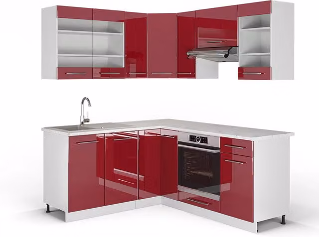 Cucina angolare moderna Fame-Line Vicco Bordeaux lucido e Bianco con piano in marmo L/P/H: 190 x 160 x 60 cm