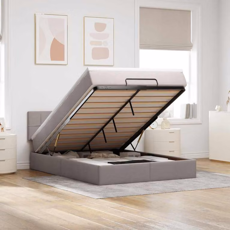 vidaXL Pouf Letto con Materasso, Illuminazione LED Sotto il Letto e Porta USB, Colore Grigio/Beige, L: 140 cm, P: 200 cm, H: 88 cm