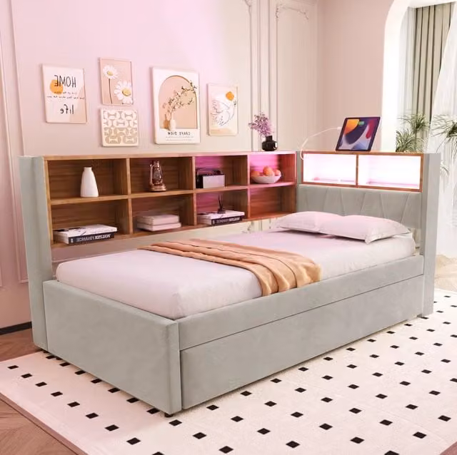 Divano letto 90x200 cm con letto estraibile; LED e vani portaoggetti in flanella