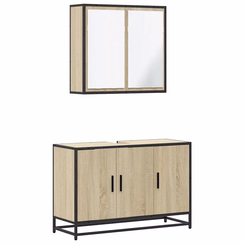 Set Mobili da Bagno Industrial vidaXL in Legno e Metallo Beige con Mobile Lavabo e Armadietto Specchio a Parete – 2
