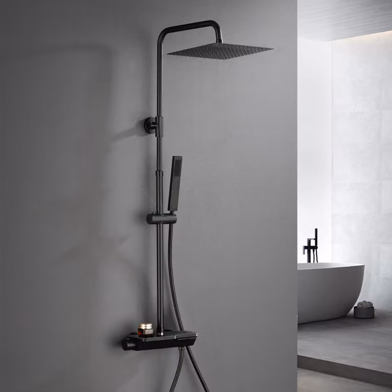 JOHO Nero con Termostatico in Acciaio INOX 304 Colonna Doccia Rubinetto con Soffione con Miscelatore, Set Doccia a Pioggia con Doccetta 20×20cm
