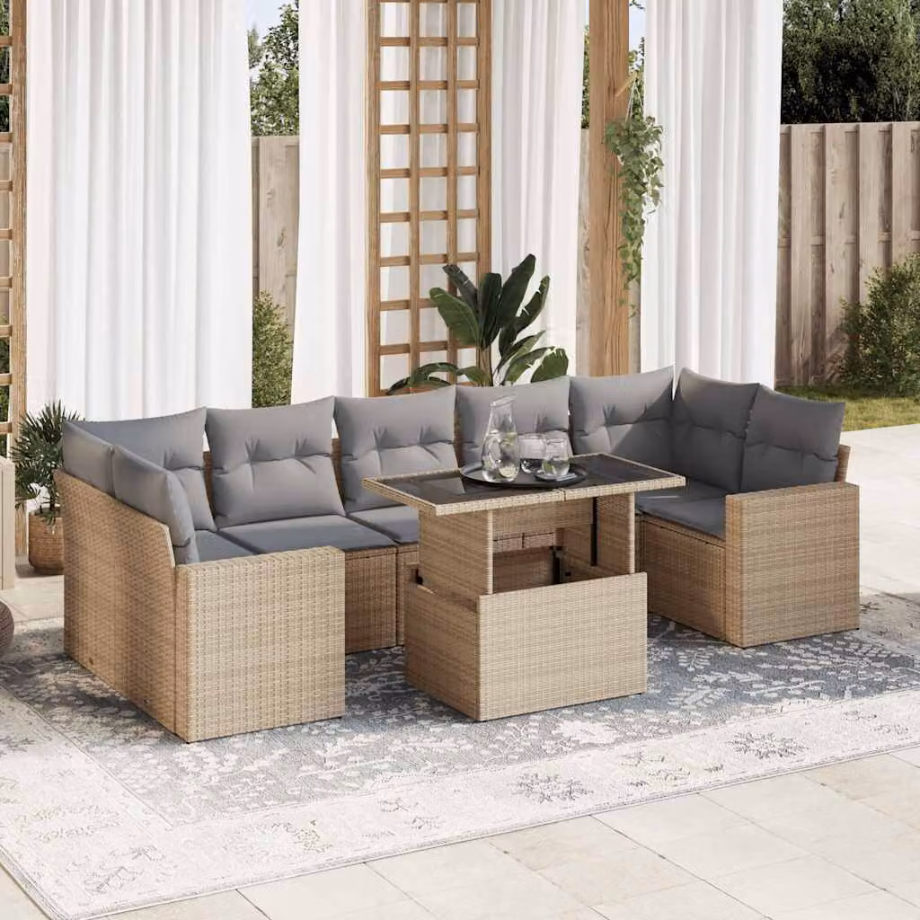 Set Divano da Giardino 8 pz vidaXL in Polyrattan con Cuscini Beige e Tavolino, Design Moderno a L con Struttura in Acciaio e Cuscini Rimovibili