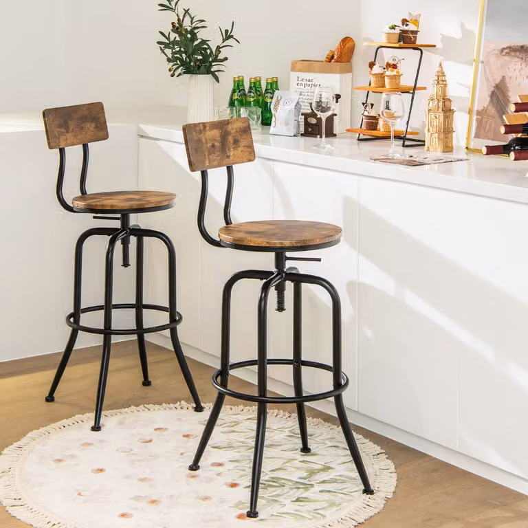 Set di 2 Sgabelli da bar Costway con schienale ad arco, regolabili in metallo con poggiapiedi, colore Marrone