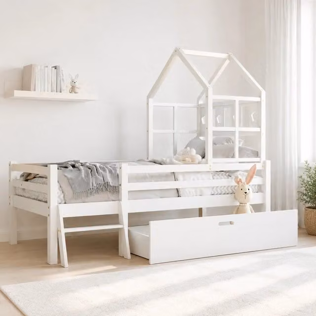 Letto rialzato per bambini con scaletta e cassetto; pino massello; bianco 90x200 cm